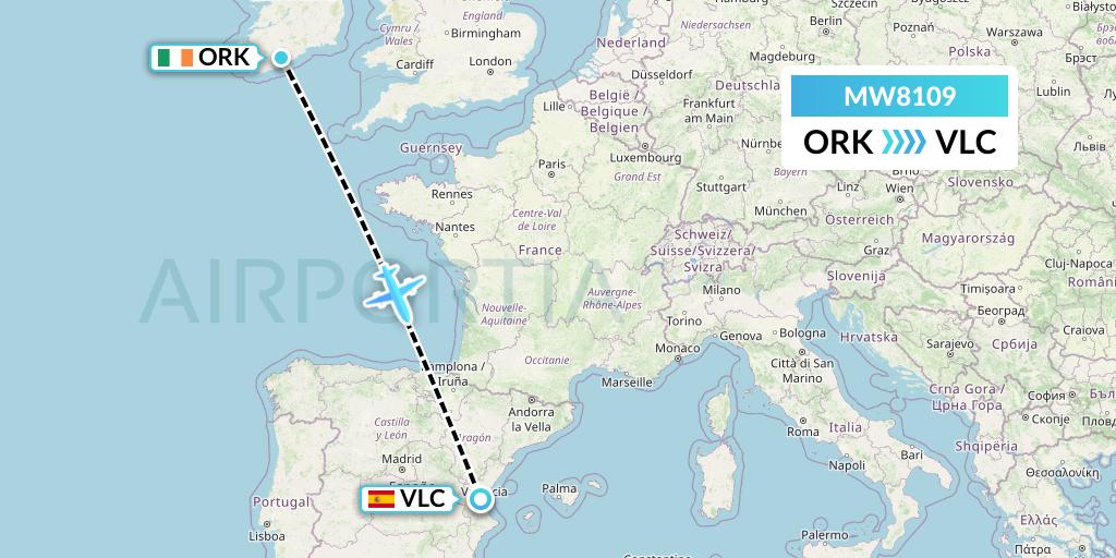 MW8109 Mokulele Flight Service Flight Map: Cork to Valencia