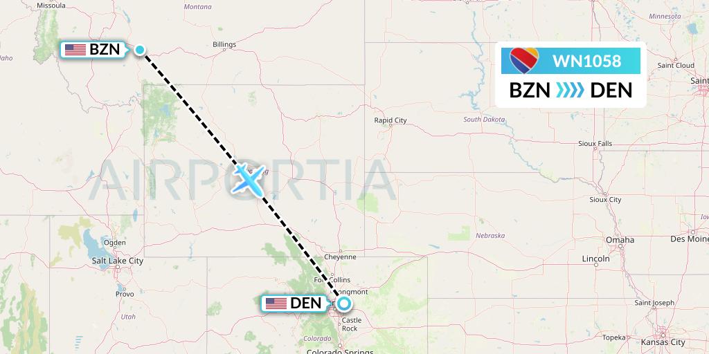 WN1058 Southwest Airlines Flight Map: Bozeman to Denver