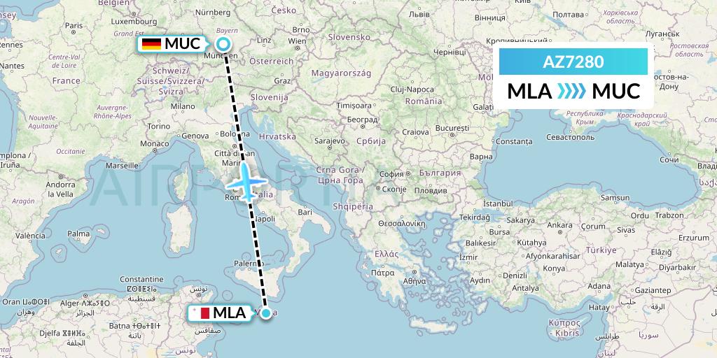 AZ7280 ITA Airways Flight Map: Malta to Munich
