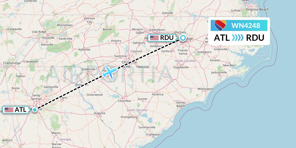 WN4248 Southwest Airlines Flight Map: Atlanta to Raleigh-Durham