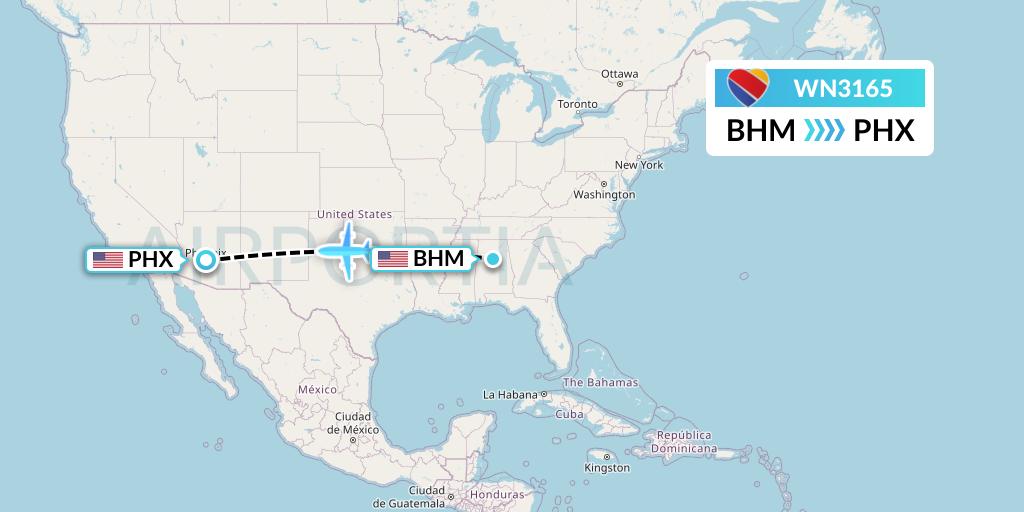 WN3165 Southwest Airlines Flight Map: Birmingham to Phoenix