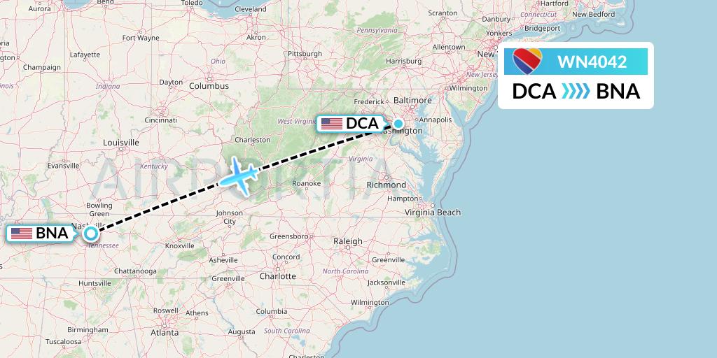 WN4042 Southwest Airlines Flight Map: Washington to Nashville