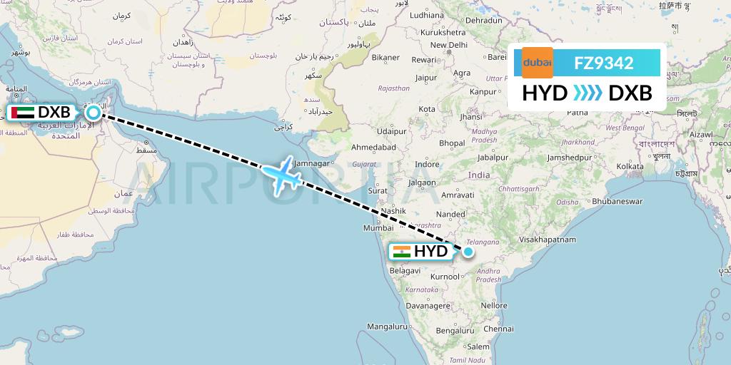 FZ9342 FlyDubai Flight Map: Hyderabad to Dubai