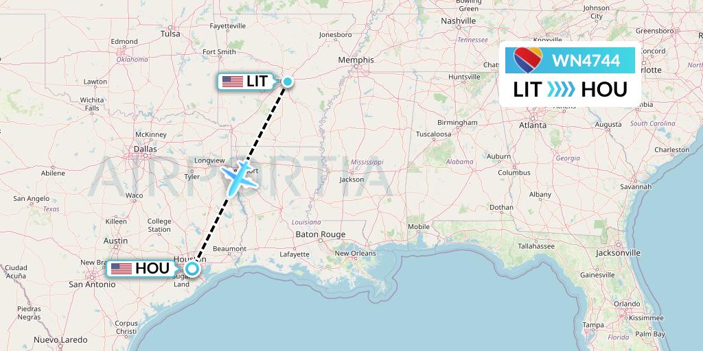 WN4744 Southwest Airlines Flight Map: Little Rock to Houston