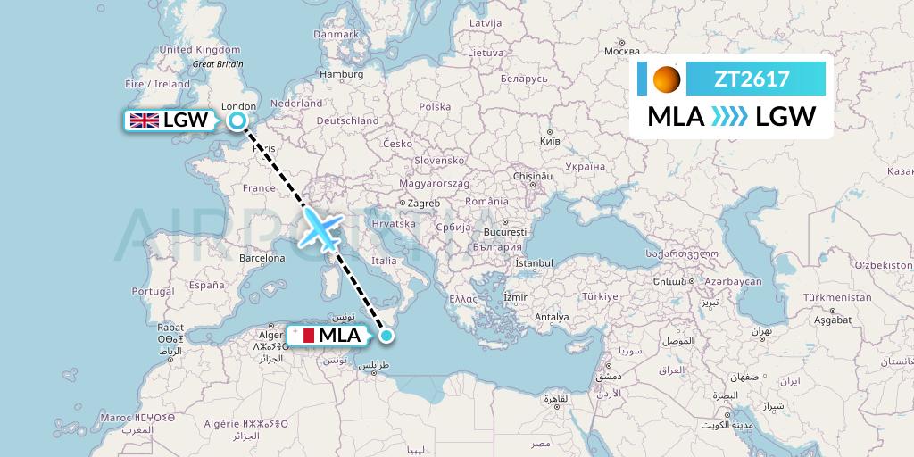 ZT2617 Titan Airways Flight Map: Malta to London