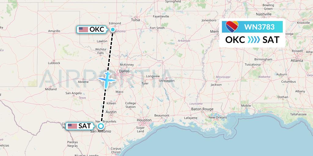 WN3783 Southwest Airlines Flight Map: Oklahoma City to San Antonio