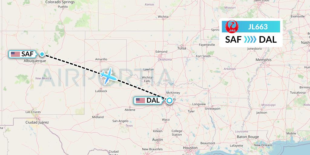 JL663 Japan Airlines Flight Map: Santa Fe to Dallas