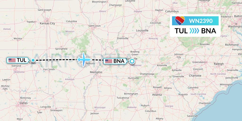 WN2390 Southwest Airlines Flight Map: Tulsa to Nashville