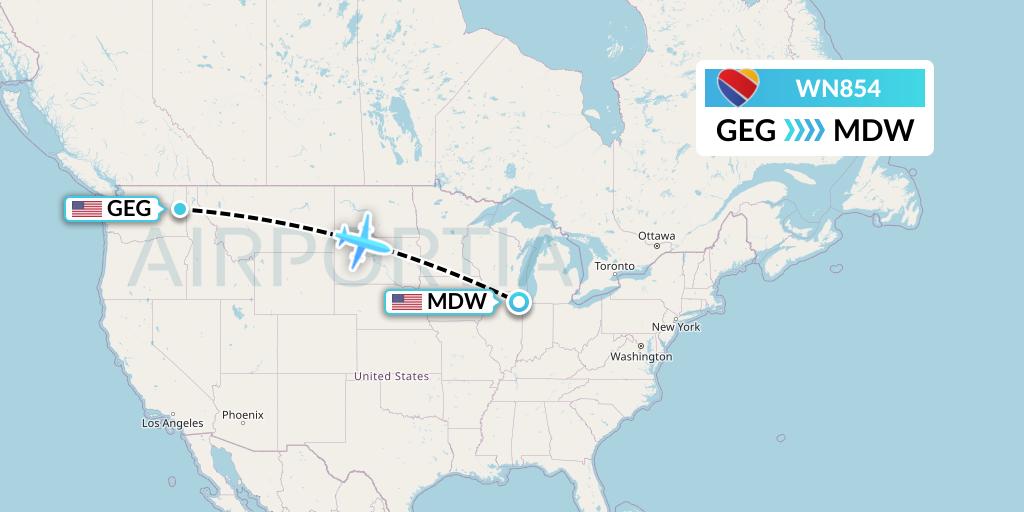 WN854 Southwest Airlines Flight Map: Spokane to Chicago