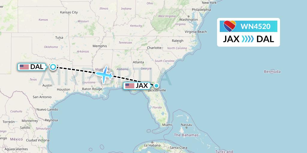 WN4520 Southwest Airlines Flight Map: Jacksonville to Dallas