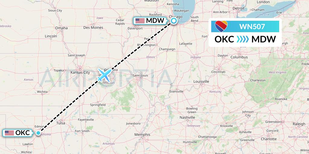 WN507 Southwest Airlines Flight Map: Oklahoma City to Chicago
