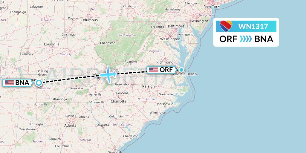 WN1317 Southwest Airlines Flight Map: Norfolk to Nashville