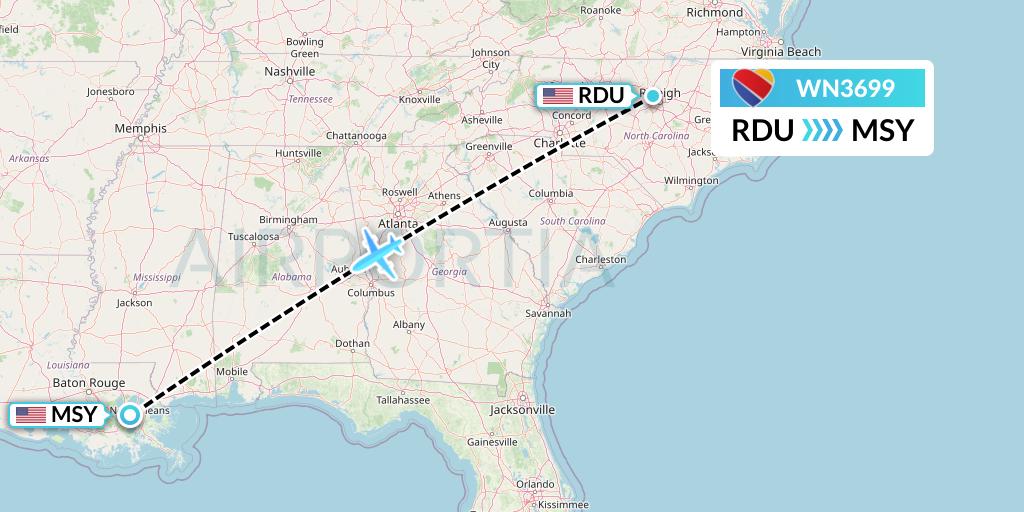 WN3699 Southwest Airlines Flight Map: Raleigh-Durham to New Orleans