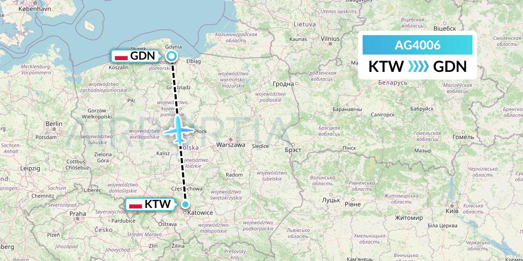 AG4006 Aruba Airlines Flight Map: Katowice to Gdansk