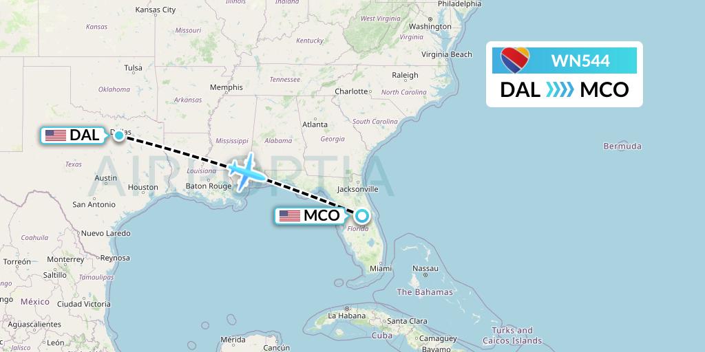 WN544 Southwest Airlines Flight Map: Dallas to Orlando