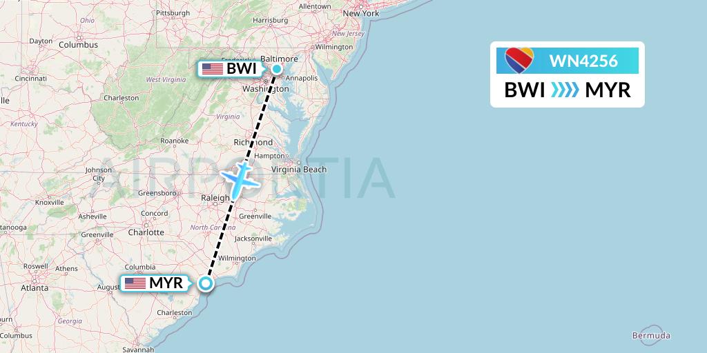 WN4256 Southwest Airlines Flight Map: Baltimore to Myrtle Beach