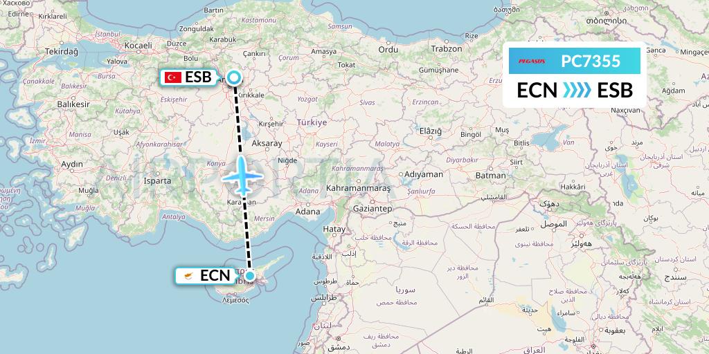 PC7355 Pegasus Airlines Flight Map: Tymvou to Ankara