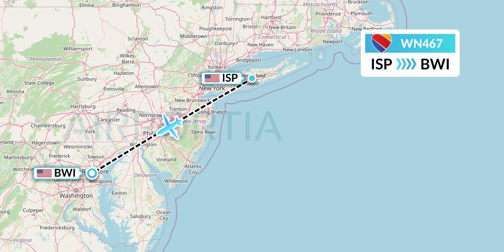 WN467 Southwest Airlines Flight Map: Islip to Baltimore
