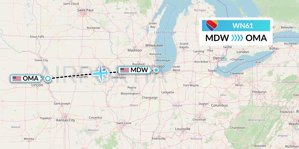 WN61 Southwest Airlines Flight Map: Chicago to Omaha
