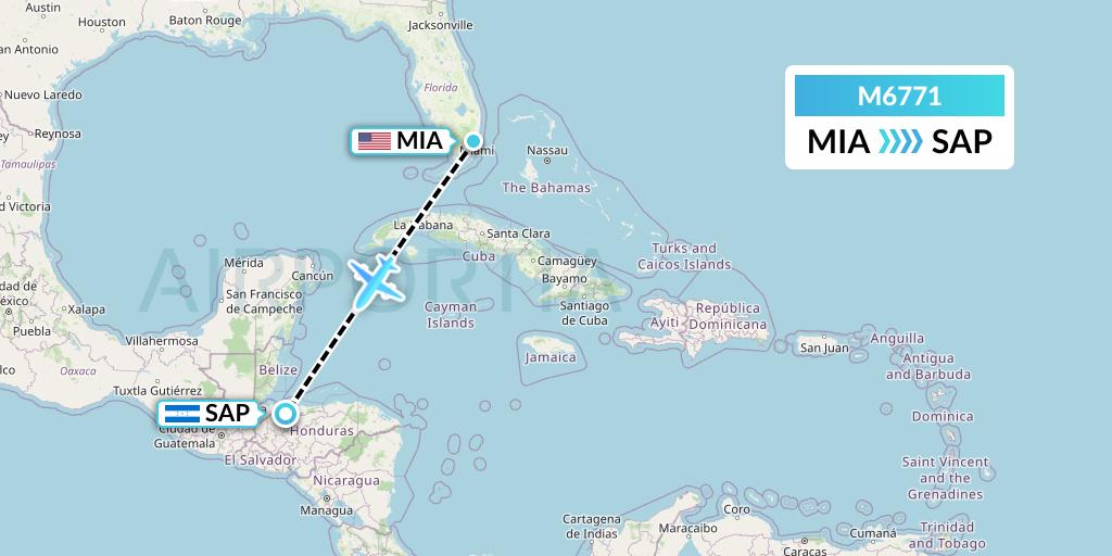 M6771 Amerijet International Flight Map: Miami to San Pedro Sula