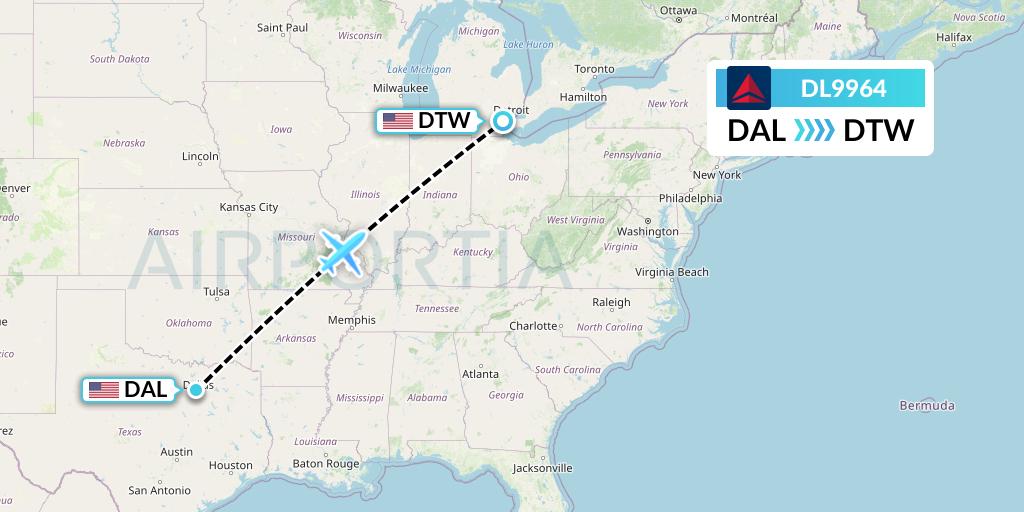 DL9964 Delta Air Lines Flight Map: Dallas to Detroit