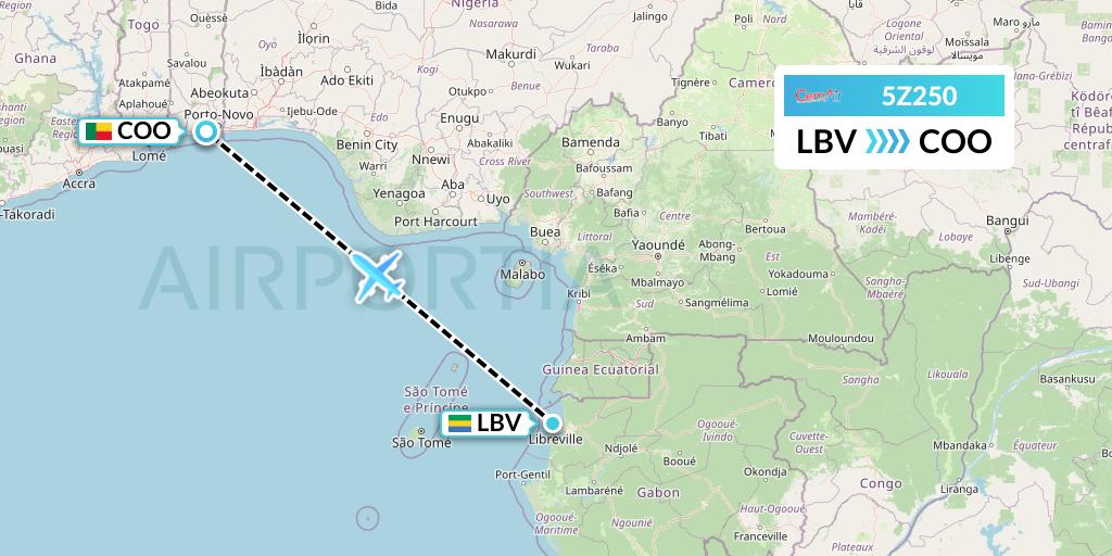 5Z250 CemAir Flight Map: Libreville to Cotonou