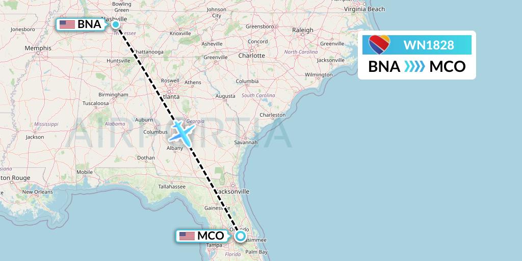 WN1828 Southwest Airlines Flight Map: Nashville to Orlando