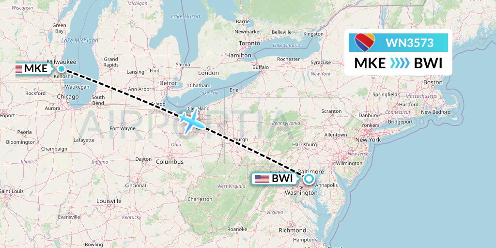 WN3573 Southwest Airlines Flight Map: Milwaukee to Baltimore