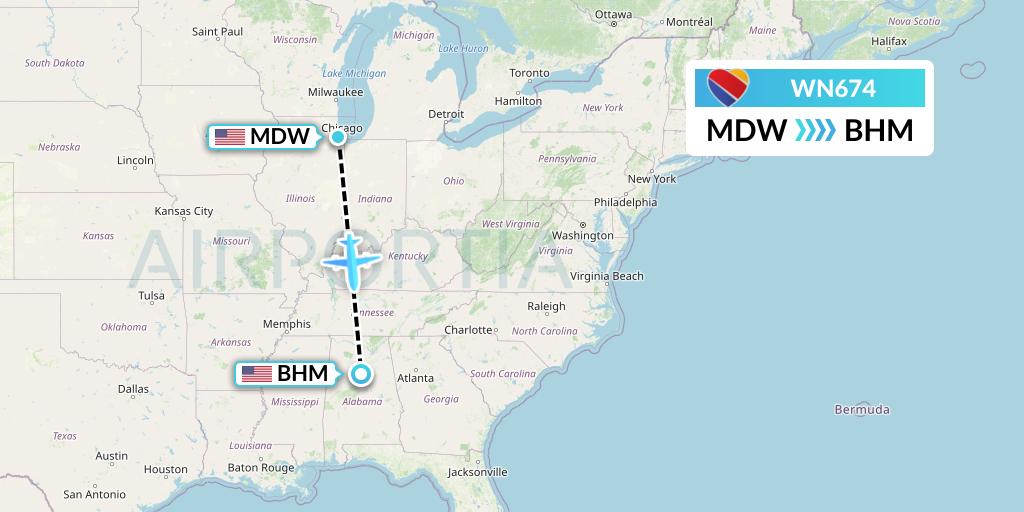 WN674 Southwest Airlines Flight Map: Chicago to Birmingham
