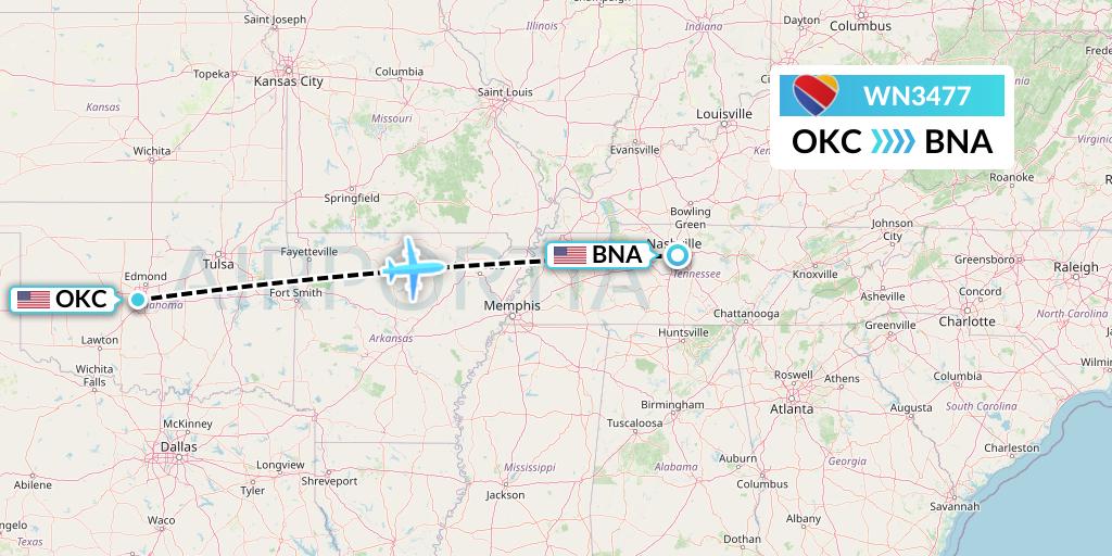 WN3477 Southwest Airlines Flight Map: Oklahoma City to Nashville