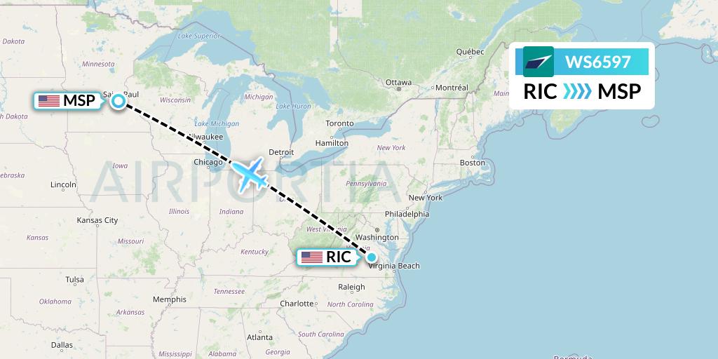 WS6597 WestJet Flight Map: Richmond to Minneapolis