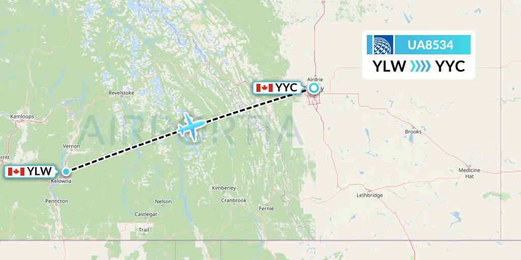 UA8534 United Airlines Flight Map: Kelowna to Calgary