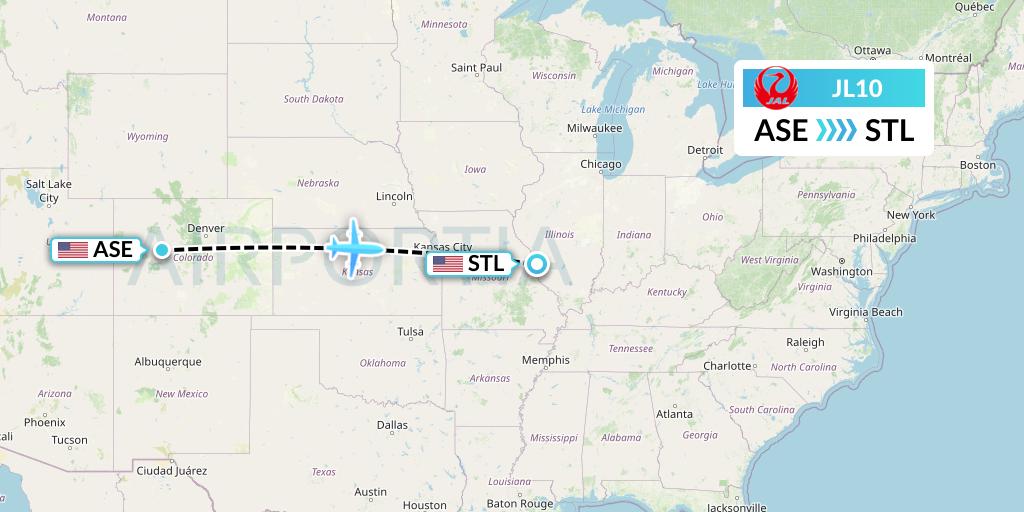 JL10 Japan Airlines Flight Map: Aspen to St. Louis