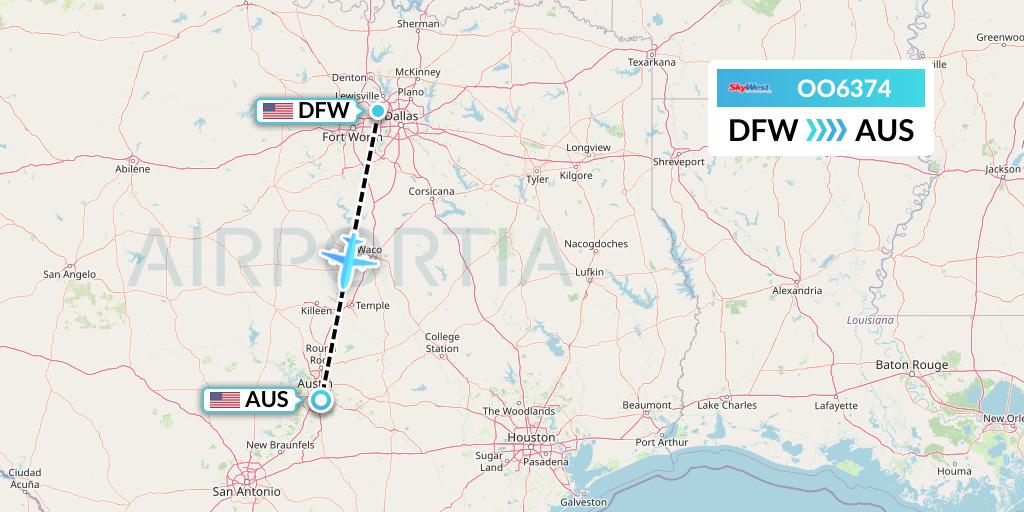 OO6374 SkyWest Airlines Flight Map: Dallas to Austin