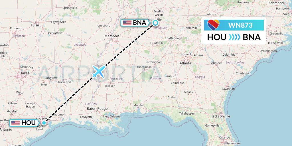 WN873 Southwest Airlines Flight Map: Houston to Nashville