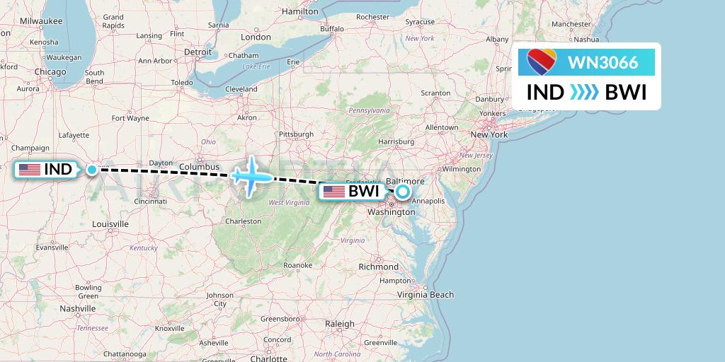 WN3066 Southwest Airlines Flight Map: Indianapolis to Baltimore