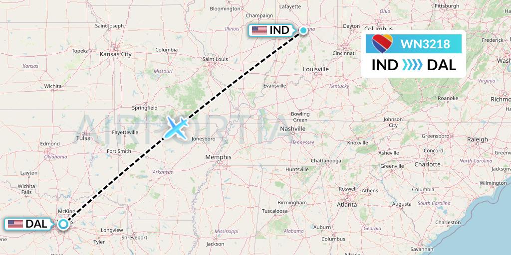 WN3218 Southwest Airlines Flight Map: Indianapolis to Dallas