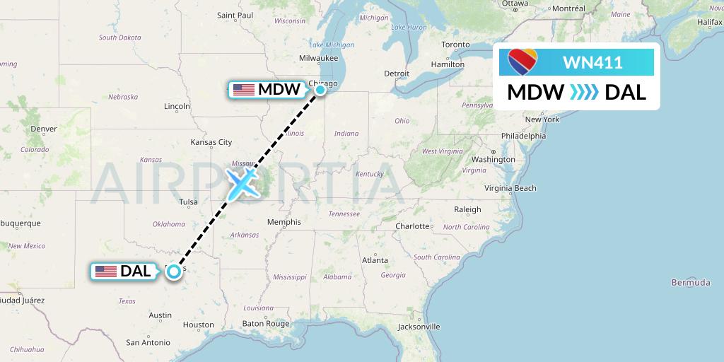 WN411 Southwest Airlines Flight Map: Chicago to Dallas