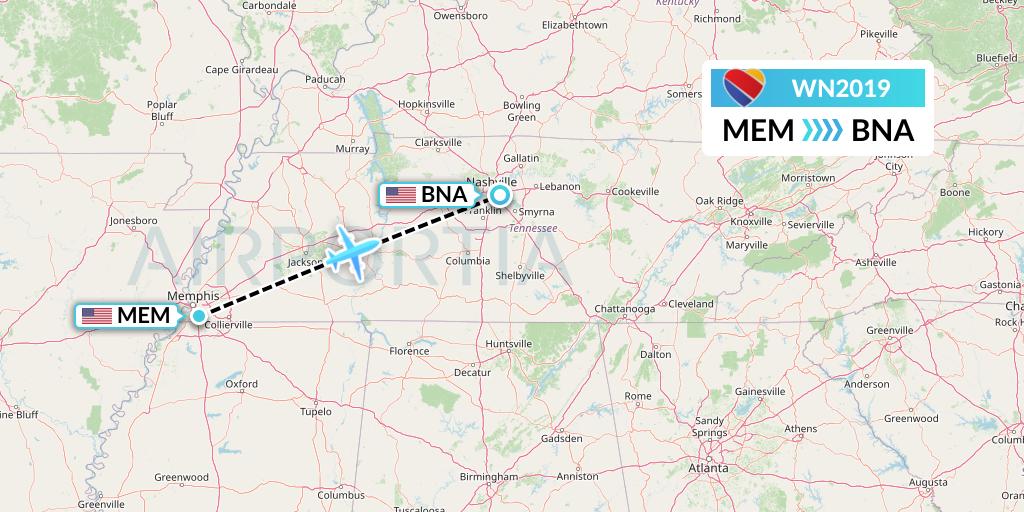 WN2019 Southwest Airlines Flight Map: Memphis to Nashville