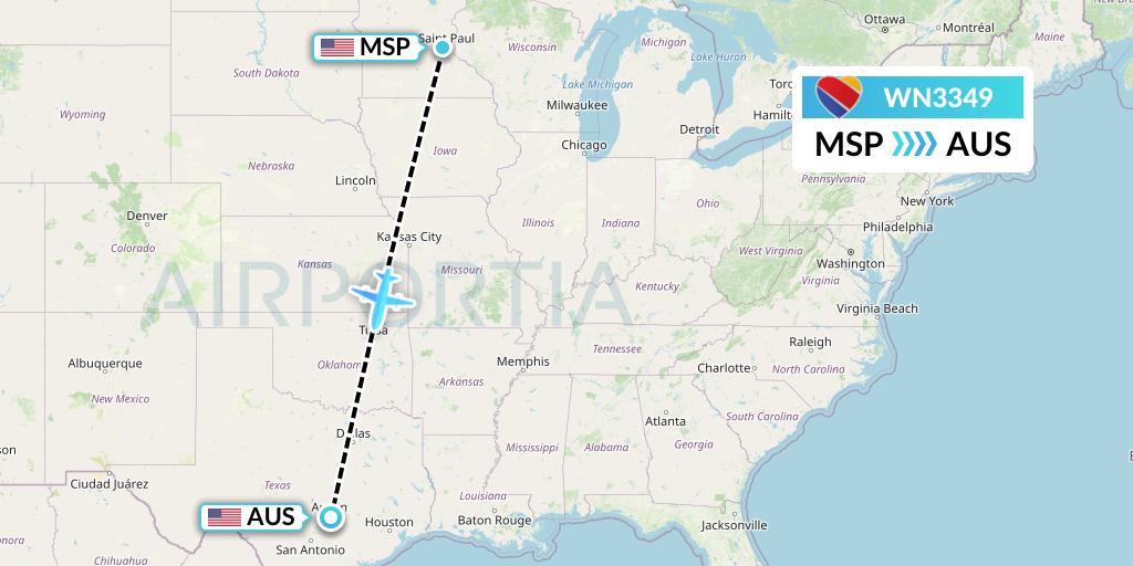 WN3349 Southwest Airlines Flight Map: Minneapolis to Austin