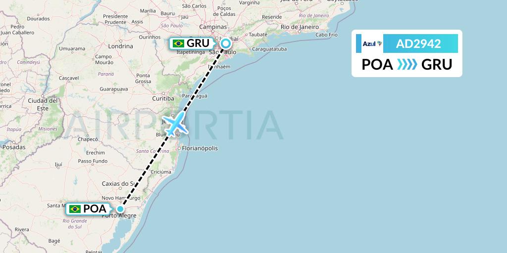 AD2942 Azul Brazilian Airlines Flight Map: Porto Alegre to Sao Paulo