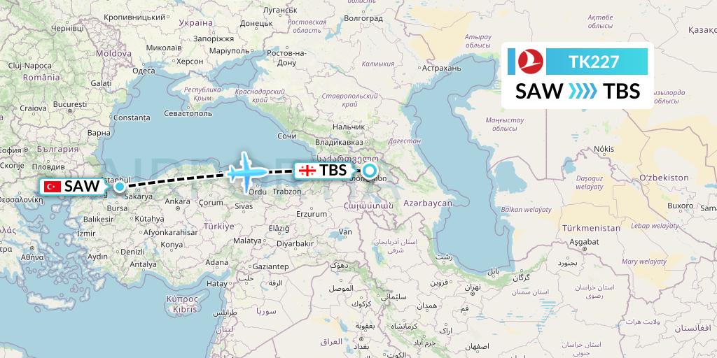 TK227 Turkish Airlines Flight Map: Istanbul to Tbilisi