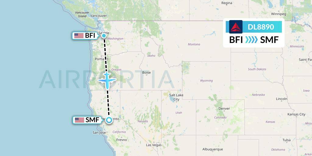 DL8890 Delta Air Lines Flight Map: Seattle to Sacramento