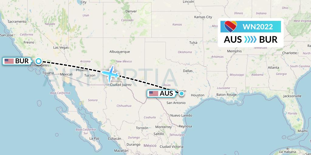 WN2022 Southwest Airlines Flight Map: Austin to Burbank