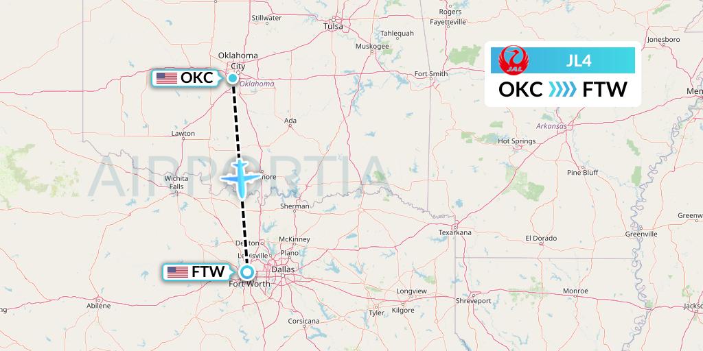 JL4 Japan Airlines Flight Map: Oklahoma City to Fort Worth