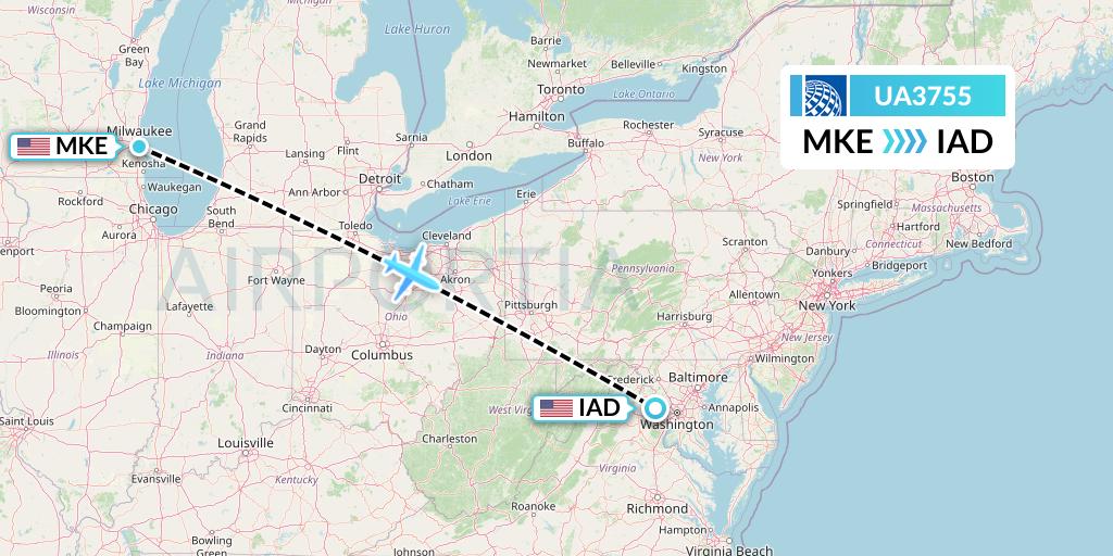 UA3755 United Airlines Flight Map: Milwaukee to Washington