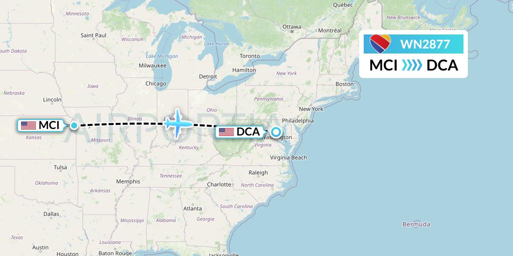 WN2877 Southwest Airlines Flight Map: Kansas City to Washington