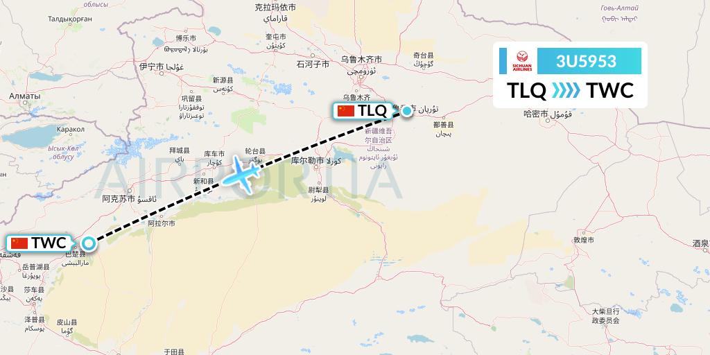 3U5953 Sichuan Airlines Flight Map: Turpan to Kashgar
