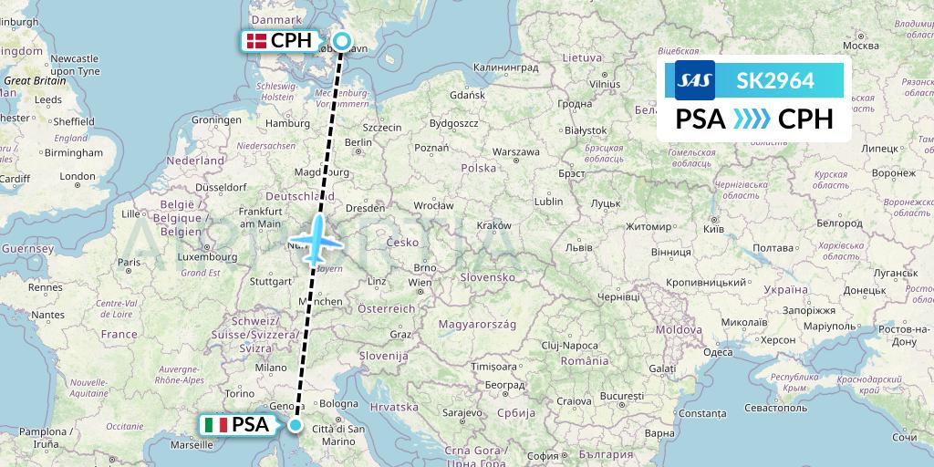 SK2964 SAS Flight Map: Pisa to Copenhagen
