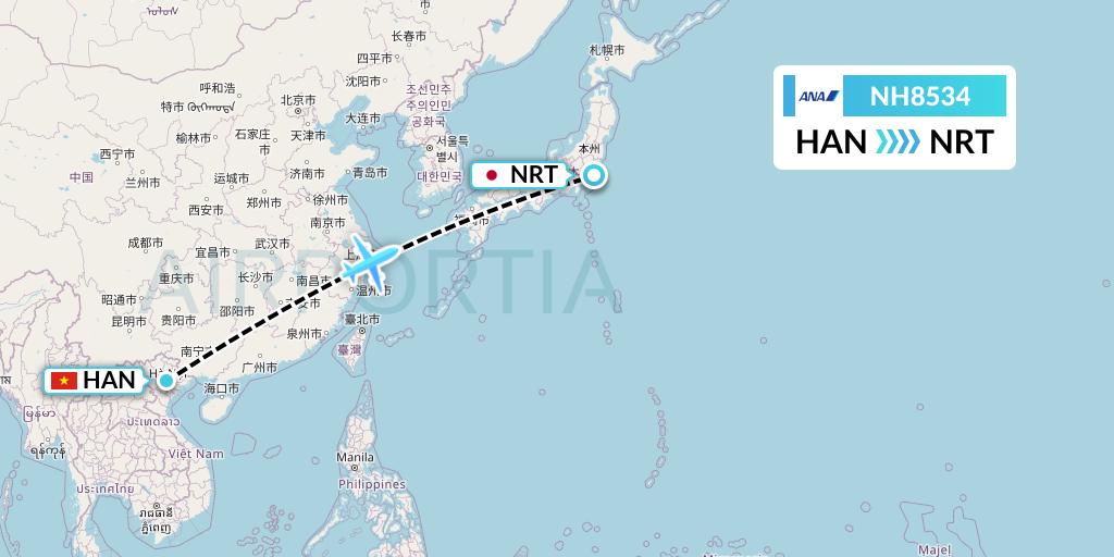 NH8534 All Nippon Airways Flight Map: Hanoi to Tokyo